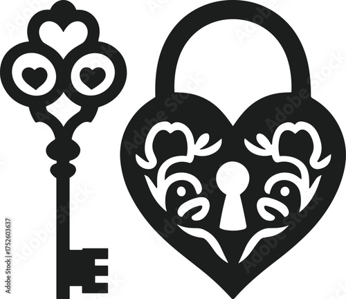 Heart Lock and Key Silhouette – Elegant Romantic Vector Illustration for Valentine’s Day