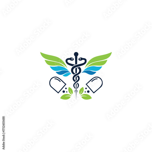 Medical caduceus logo with wings and capsule design