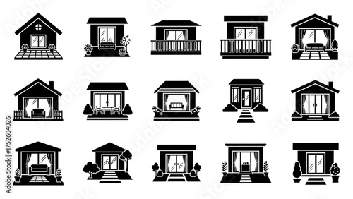 High-Quality Black Silhouette Vector Icon Set of Home Design Elements – Outdoor Integration with Patios, Balconies, Gardens, and Indoor-Outdoor Connections