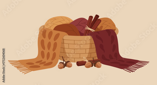 Cozy autumn harvest basket filled with cinnamon sticks, leaves, and scarves, evoking warmth and comfort for seasonal designs and fall-themed promotions