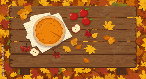 Warm autumn picnic scene with pumpkin pie, crisp red apples, and colorful fall leaves on a wooden table for Thanksgiving or harvest festivals