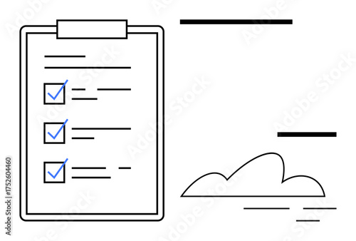 Clipboard featuring a completed checklist and minimalist cloud, symbolizing organization, productivity, and goal achievement. Ideal for task management, planning, focus, workflow, teamwork progress