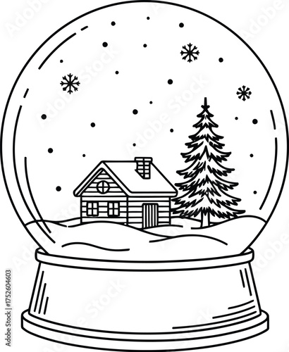 Minimalist snow globe illustration with cabin and pine tree