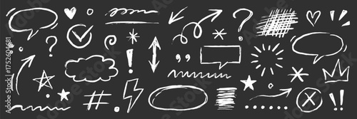 Line chalk arrow, frame, underline sketch elements on blackboard. Hand drawn crayon pencil, texture brush stroke scribble doodle chalkboard elements . Marker arrow, sketch square. Vector illustration