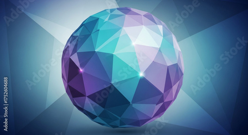 Abstract 3d rendering of a polygonal sphere with blue, purple, and turquoise facets, illuminated by beams of light, creating a futuristic and modern design
