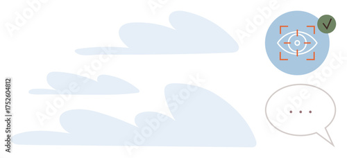 Light blue clouds, a focus eye icon with a checkmark, and a three-dot speech bubble. Ideal for themes thumbs up vision, observation, imagination, dialogue, mindfulness, communication and clarity