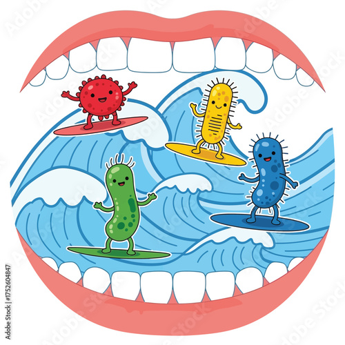 Cartoon illustration of a mouth with teeth, featuring bacteria surfing on waves.