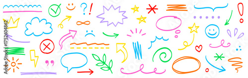 Marker drawn arrow, cloud, star vector element set. Hand drawn marker brush stroke underline, asterisks, highlight frame elements. Sketch style colorful kid brush symbols. Vector illustration