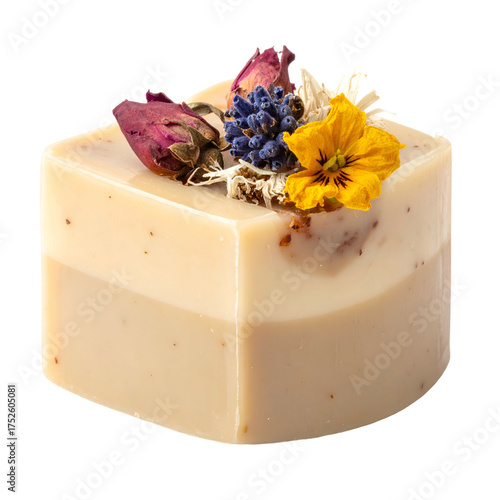 Handmade soap infused with dried flowers and herbs on a black background.