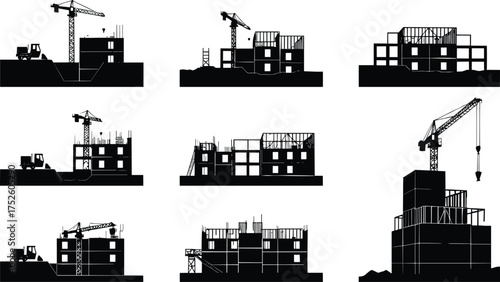Building construction process vector set, crane and bulldozer silhouettes, multi-story structures, scaffolding, workers, industrial site equipment for engineering design
