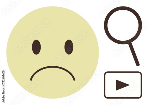 Sad face emoticon with magnifying glass and media play button representing search for solutions, emotional analysis, media influence, problem-solving, empathy building, digital exploration, simple