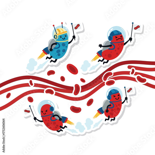 Cartoon astronaut blood cells flying through veins with happy expressions, exploring.