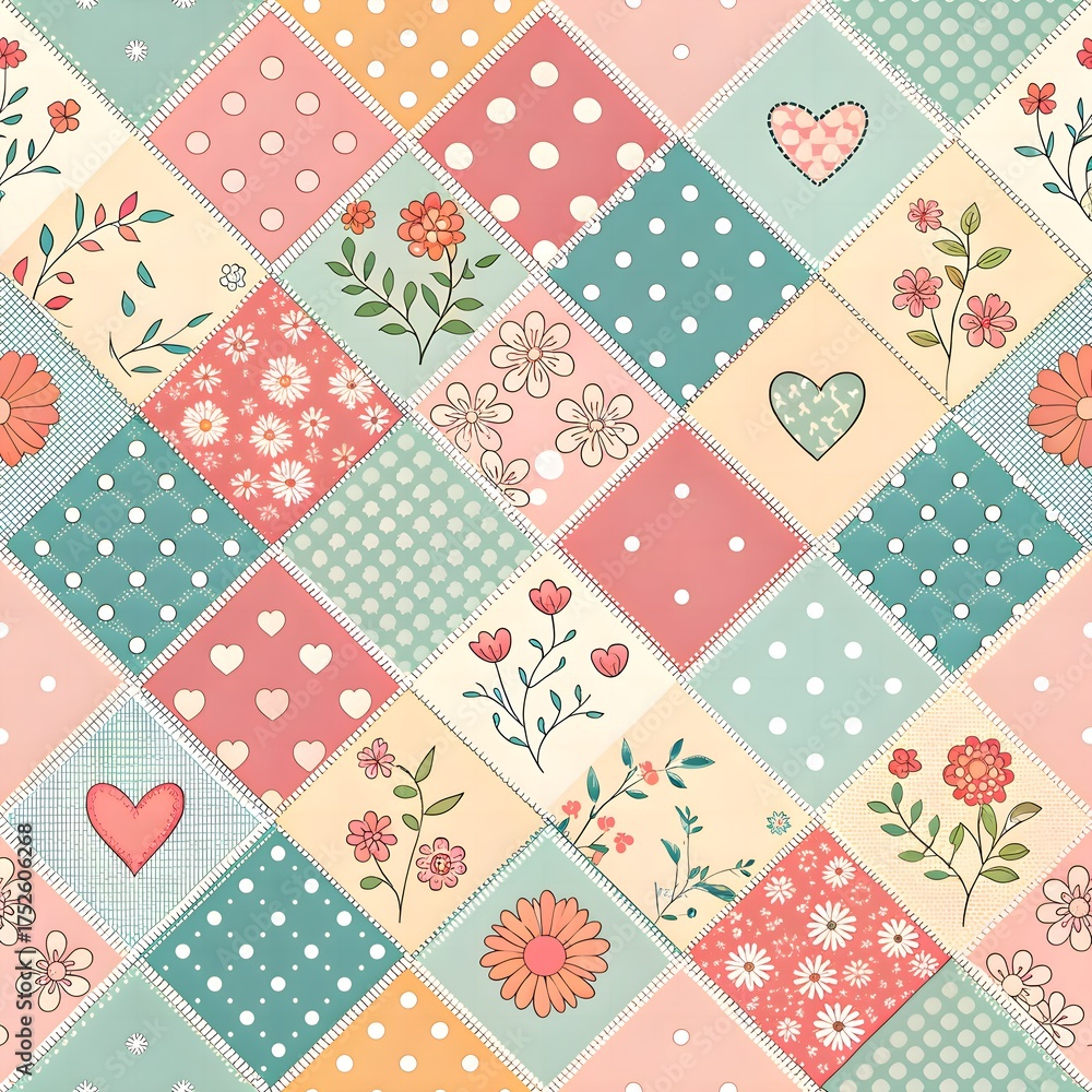 Fototapeta premium Patchwork Quilt Pattern in Soft Pastels. Pastel patchwork quilt style seamless pattern—squares, hearts, florals, polka dots.