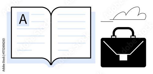 Open book with text beside a briefcase and small cloud. Ideal for education, career planning, business tools, learning, personal growth, productivity, corporate success. Simple flat metaphor