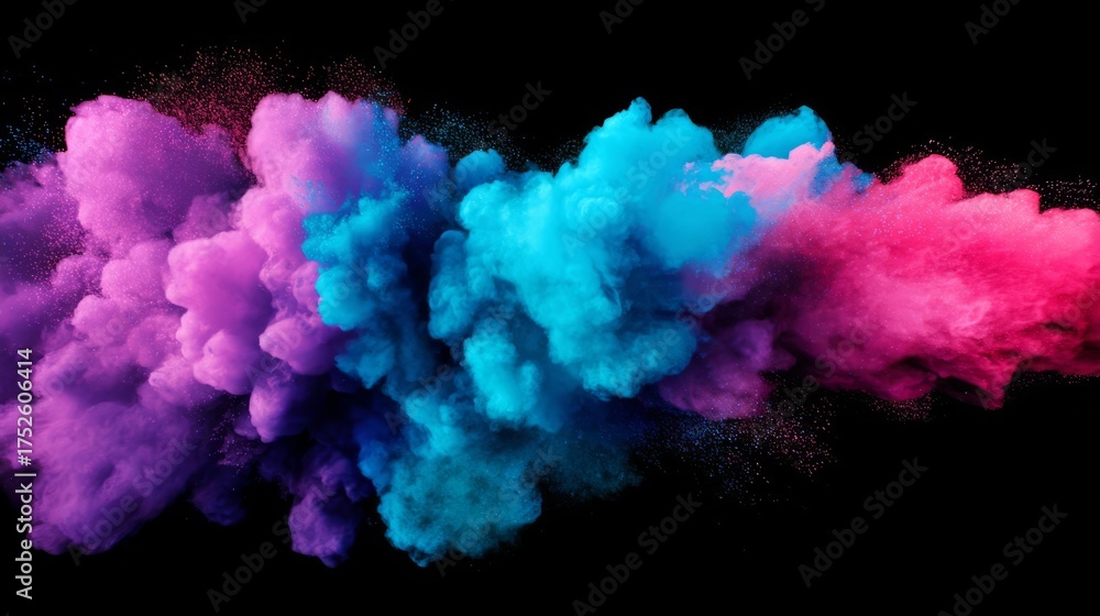 Fototapeta premium Vibrant clouds of colored powder explosion expanding dynamically against a deep black background creating a striking con