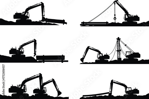 Construction excavator silhouettes, heavy machinery working, pipe laying, drilling, trenching, foundation tasks, industrial equipment vector, civil engineering tools, black icons