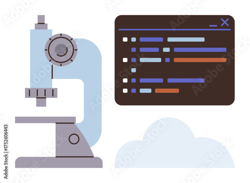 Microscope beside coding screen with colorful lines of code, showcasing synergy of research and innovation. Ideal for education, research, technology, data science, innovation, programming
