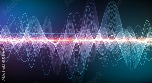 Abstract sound wave visualization with vibrant colors and dynamic patterns representing audio frequency and digital signal processing