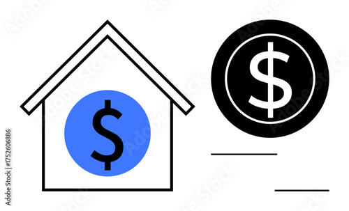 House with dollar symbol inside paired with a black coin illustration. Ideal for themes thumbs up mortgage, real estate, banking, savings, investment, budget, property ownership. Simple flat metaphor