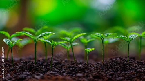 Close-up of small green plants growing from dark soil with blurred green foliage in the background,