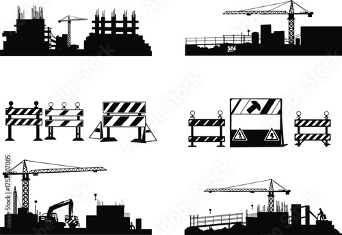 Construction site vector, crane and scaffolding silhouette, excavator and roadwork signs, urban development, building infrastructure, safety equipment, civil engineering illustration