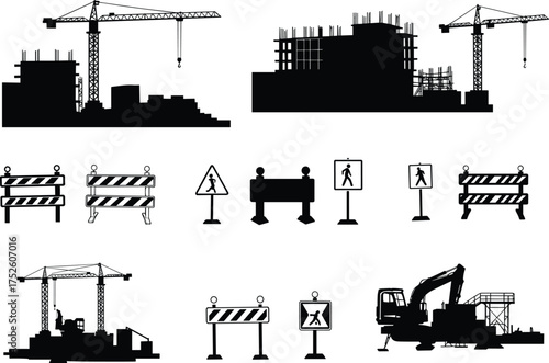 Construction site vector, roadwork signs, tower cranes, excavators, pedestrian warning symbols, urban development silhouette, infrastructure equipment, safety signage, city building scene