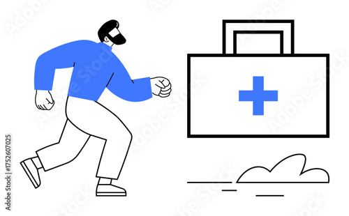 Bearded man in motion rushing to large medical kit with cross, emphasizing emergency, healthcare assistance, urgency, or preparedness. Ideal for healthcare, first aid, emergency response, safety
