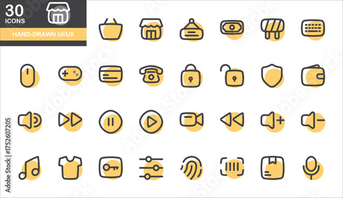 Minimal hand-drawn outline icons with yellow accents, featuring shopping, payment, and multimedia symbols for web and app interfaces.
