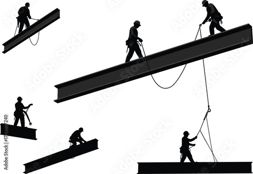 Construction worker silhouette vector, steel beam labor, safety harness, rope handling, high-rise building work, industrial icon, black graphic illustration, engineering tools