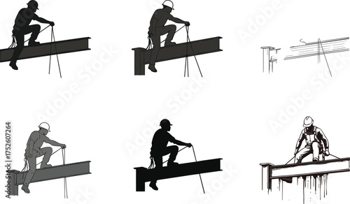 Construction workers on steel beams, safety gear, cable handling, high-rise building site, vector illustration for industrial, architectural, and engineering content