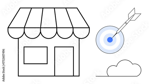 Small shop with striped awning beside a dart hitting a bullseye, representing business goals achievement. Ideal for retail, marketing, strategy, growth, entrepreneurship, vision, simple flat metaphor