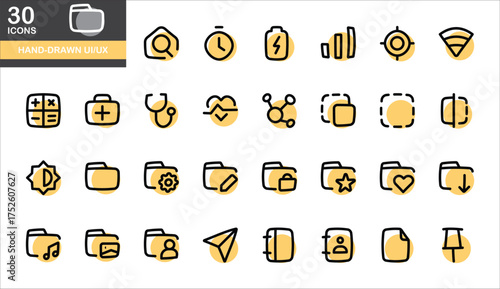 Clean hand-drawn line icons with yellow highlight background, covering tech, file management, and digital tools for modern UI design.