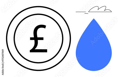 Pound sign inside coin outline beside a blue water droplet with a cloud accent. Ideal for finance, sustainability, environment, savings, resources, renewable energy, economics. Simple flat metaphor