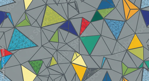 Colorful geometric triangle pattern with a playful and vibrant design, featuring various textures and shades, perfect for creative and eyecatching backgrounds