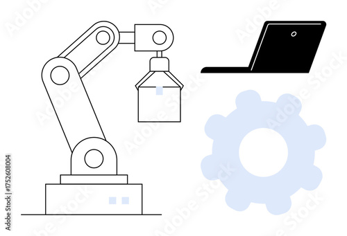 Robotic arm lifting a box alongside a laptop and a gear symbol. Ideal for automation, robotics, industry, innovation, technology, manufacturing, and production themes. Clean simple flat metaphor