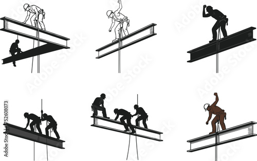 High-rise construction workers on steel beams, safety harness gear, teamwork at elevation, industrial building site, vector illustration for engineering and architecture content