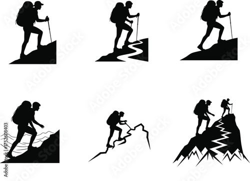 Mountain climbing silhouette vector, hiking illustration, outdoor adventure design, backpacker trekking poses, rugged terrain, summit journey, minimalist black and white artwork