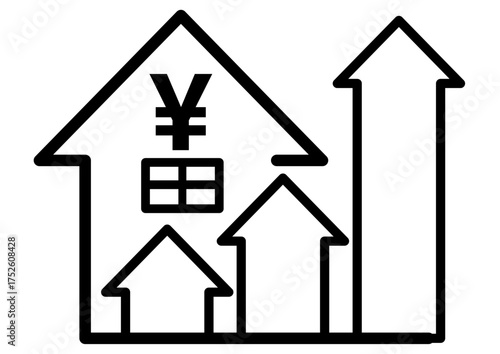 家, 自宅, 物件, 矢印, 値上げ, 不動産, 投資, 住宅, 価値, 資産価値, 上がる, 値上がり, 金, 高騰, 上昇, 増える, お金, 地価, 戸建て, 賃貸, マイホーム, 建築, 家賃, 資産, ローン, 価格, 住宅ローン, 金利, 変動, マンション, 土地, 一戸建て, 固定資産税, アップ, 物価, アイコン, 暮らし, 生活, シンプル, デフォルメ, イラスト, 生活費