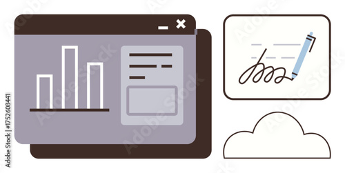 Bar chart and document in browser, digital signature pad with a pen, and cloud icon. Ideal for productivity, data management, remote work, cloud tech, digital tools, contracts simple flat metaphor