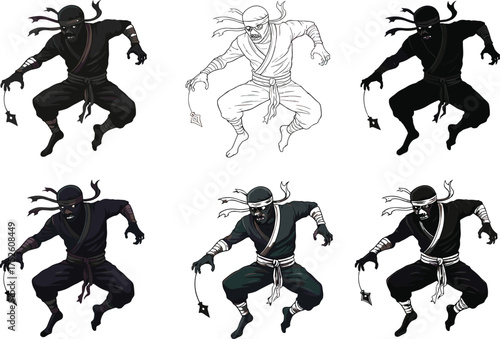 Ninja character illustration set, crouching pose with shuriken, traditional outfit, muscular build, multiple styles, comic book, animation, vector design