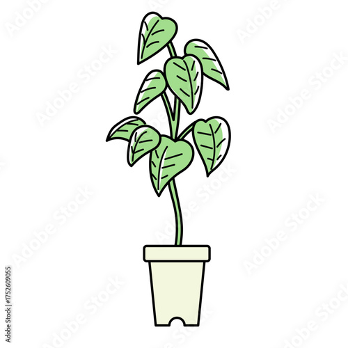 淡いグリーンで描かれた鉢植えの観葉植物イラスト｜ナチュラルな色合いとシンプルな線で構成されたデザインで、インテリアや背景素材、ボタニカルモチーフの装飾に最適