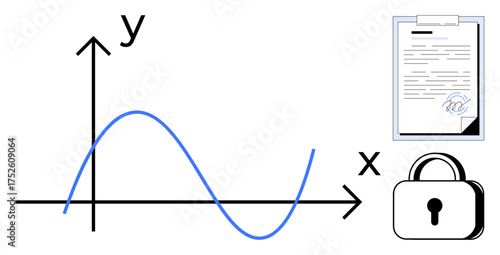 Graph with sine wave, secure document with signature, and closed lock. Ideal for data analysis, cybersecurity, privacy, encryption, compliance research confidentiality concepts. Simple flat