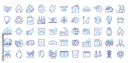 Sustainability and energy icon set. Thin line editable stroke icons for renewable energy, recycling, green industry, eco factories, global warming, environmental protection, and clean technology.