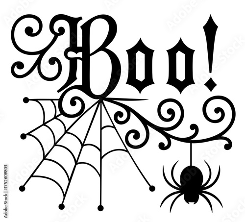 Boo word with hanging spider and elegant gothic curls combined with large spiderweb	
