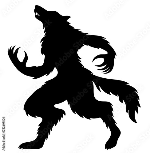 Werewolf silhouette standing upright with claws raised, furry humanoid monster with wolf head, tail and sharp teeth