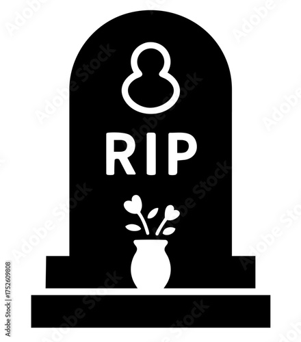 Marble upright headstone, cemetery gravestone with RIP inscription and flowers, cemetery funeral memorial	
