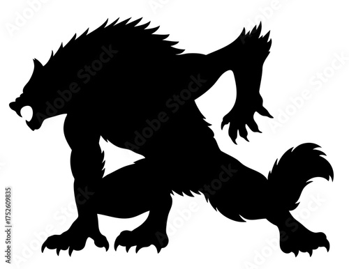Werewolf silhouette crouching forward, aggressive wolf monster with bristling fur, long claws and tail, horror fantasy beast of night hunt and myth