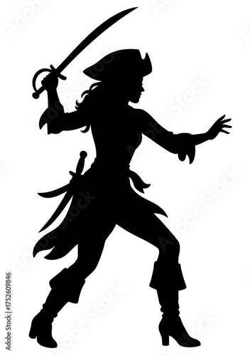 Female pirate in battle stance with sword, corsair woman silhouette ready to fight