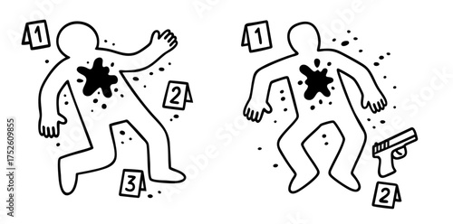 Crime scene chalk outlines with gun and evidence markers