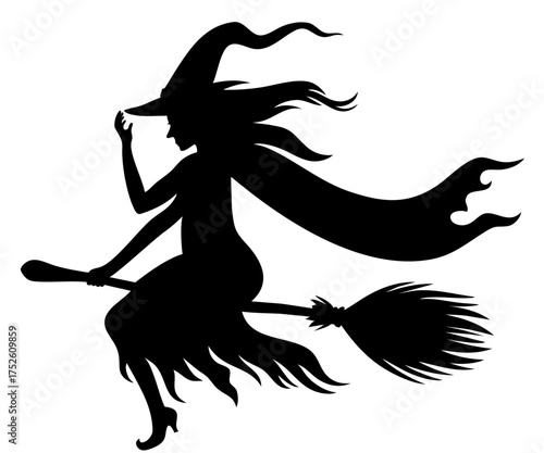 halloween witch flying swiftly with scarf and cloak blowing in wind	